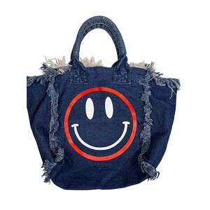 Vintage Hipchik Couture hobo chic Denim Smiley Face Tote Distressed Fringe bag
